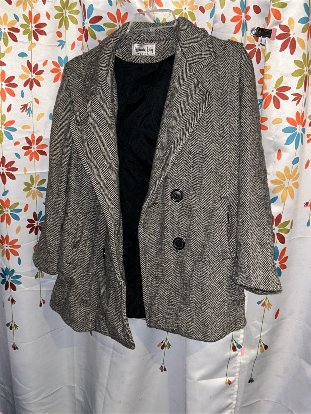 Women's Gray Herringbone Peacoat - Double-Breasted Tailored Jacket